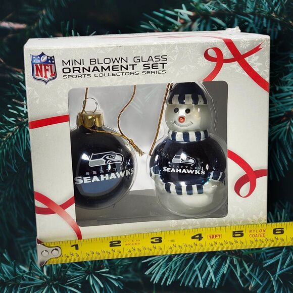Seattle Seahawks NFL Mini Blown Glass Ornament Set Snowman & Ball by Topperscot - Picture 5 of 5